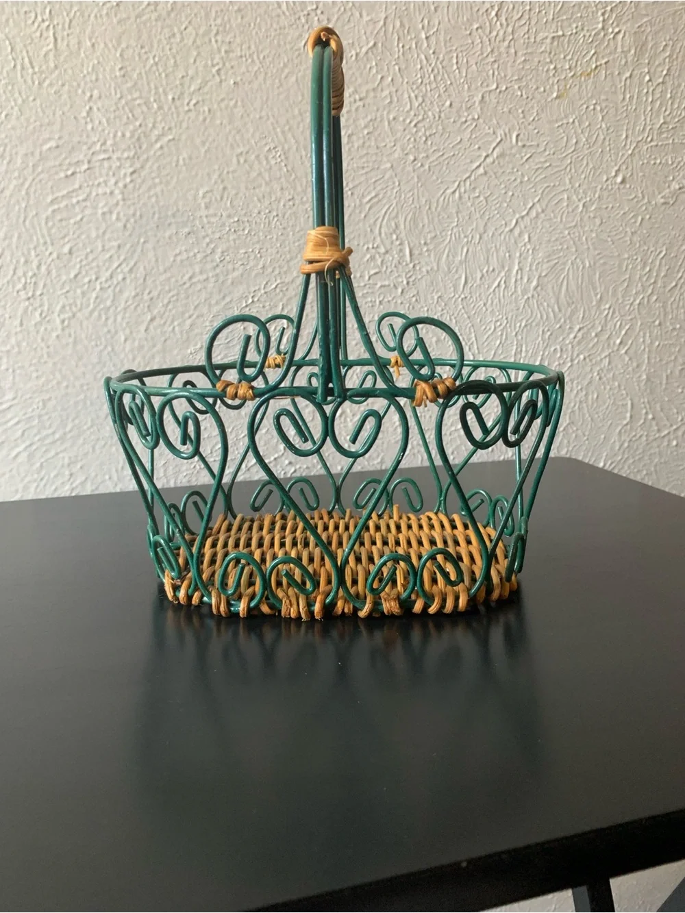 Green Wicker and Metal Decorative Basket